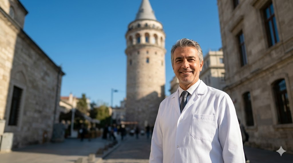 طبيب تجميل متخصص يقف أمام برج غالاتا في إسطنبول لمناقشة مخاطر نحت الجسم بالفيزر في تركيا.