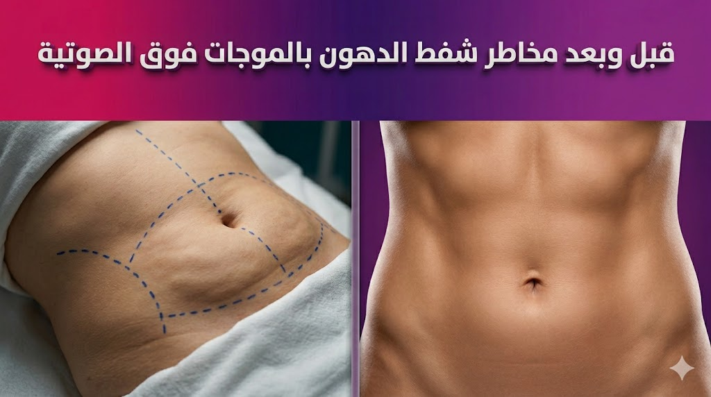 مقارنة قبل وبعد تظهر نتائج العملية مع تسليط الضوء على مخاطر شفط الدهون بالموجات فوق الصوتية المحتملة.