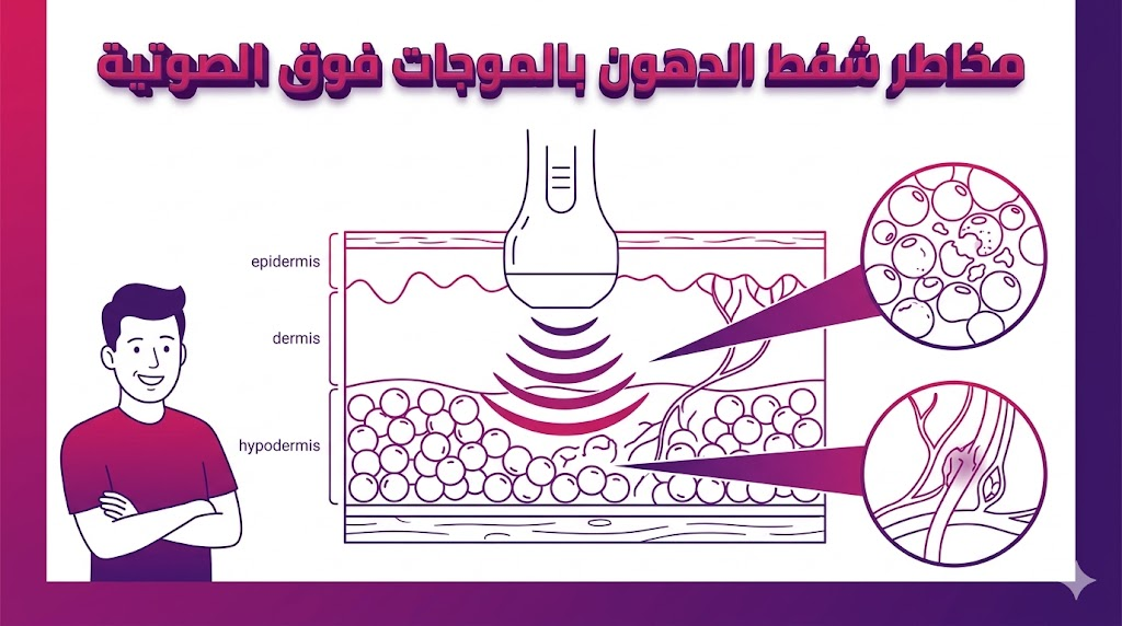 مخطط تشريحي يوضح آلية عمل الموجات وكيفية نشوء مخاطر شفط الدهون بالموجات فوق الصوتية داخلياً.