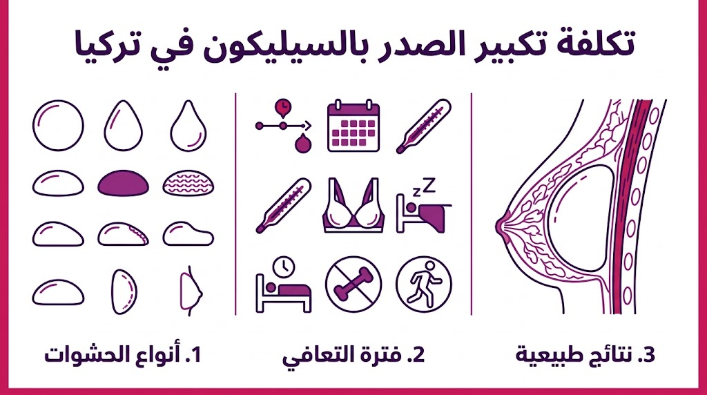  إنفوجرافيك تعليمي يستعرض العوامل المؤثرة في تكلفة تكبير الصدر بالسيليكون في تركيا.
