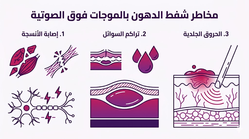 إنفوجرافيك تعليمي يلخص أهم 3 نقاط حول مخاطر شفط الدهون بالموجات فوق الصوتية.