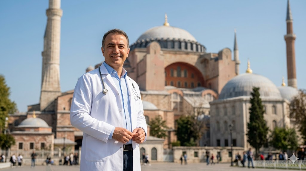 طبيب تجميل مختص في علاج مخاطر شفط الدهون بالموجات فوق الصوتية يقف أمام آيا صوفيا في إسطنبول.