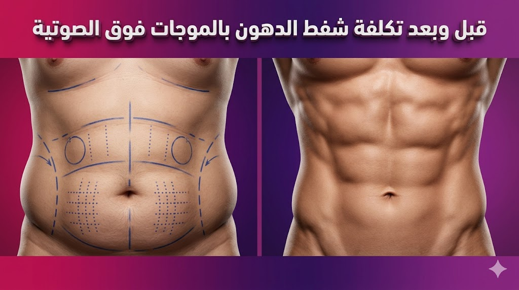 صورة واقعية "قبل وبعد" توضح نتائج تكلفة شفط الدهون بالموجات فوق الصوتية على منطقة البطن مع علامات التخطيط الجراحي.