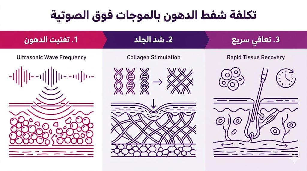 بوستر إنفوجرافيك مقسم لثلاثة أقسام يشرح مميزات تكلفة شفط الدهون بالموجات فوق الصوتية مثل شد الجلد وسرعة التعافي.