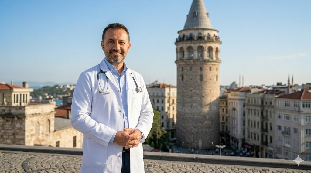 طبيب تجميل بابتسامة واثقة أمام برج غالاتا في اسطنبول، يرمز لخدمات تكلفة شفط الدهون بالموجات فوق الصوتية في تركيا.