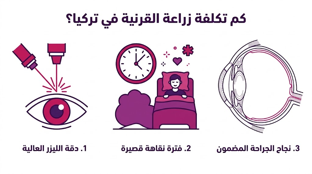 بوستر معلوماتي طبي يشرح دقة الليزر ونجاح العملية وتوضيح كم تكلفة زراعة القرنية في تركيا؟ بشكل مبسط.