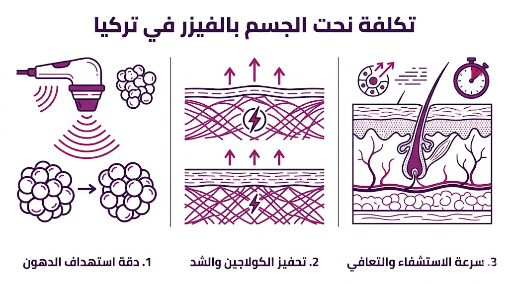 إنفوجرافيك طبي يوضح المراحل الثلاث لعملية الفيزر وأهم مميزاتها المتعلقة بموضوع تكلفة نحت الجسم بالفيزر في تركيا.