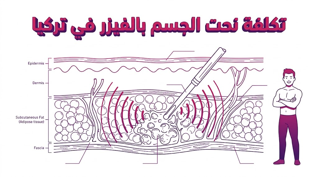 ومخطط طبي تعليمي يشرح تقنية عمل الفيزر وتأثيرها على الدهون مع كتابة تكلفة نحت الجسم بالفيزر في تركيا.