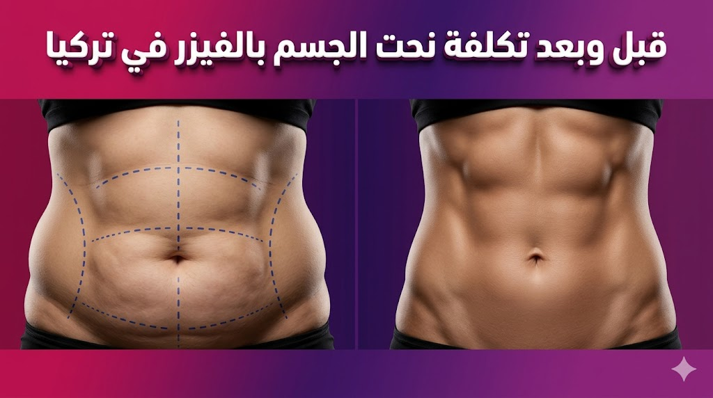 صورة مقارنة "قبل وبعد" توضح نتائج عملية نحت القوام مع ذكر تكلفة نحت الجسم بالفيزر في تركيا بخط ثلاثي الأبعاد.