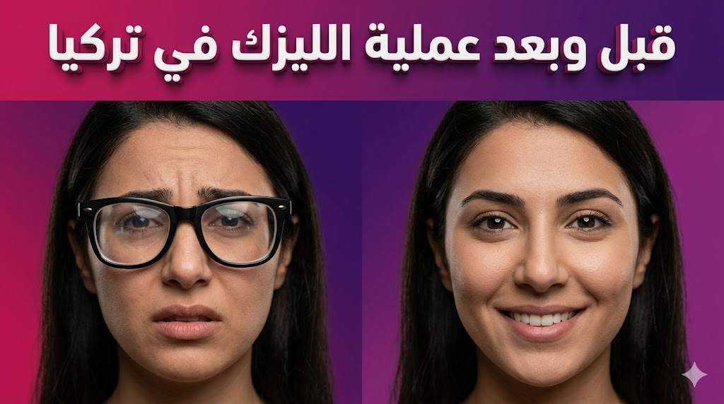  مقارنة قبل وبعد عملية الليزك في تركيا تظهر الفرق بين ارتداء النظارات الطبية والرؤية الواضحة بدونها.