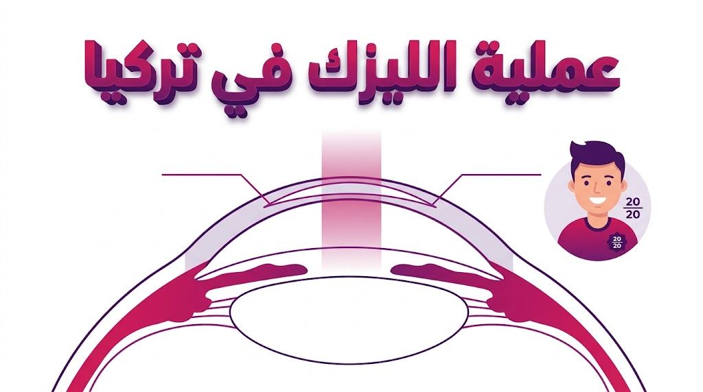  إنفوجرافيك طبي يوضح التشريح الداخلي للعين وكيفية تصحيح النظر خلال عملية الليزك في تركيا.