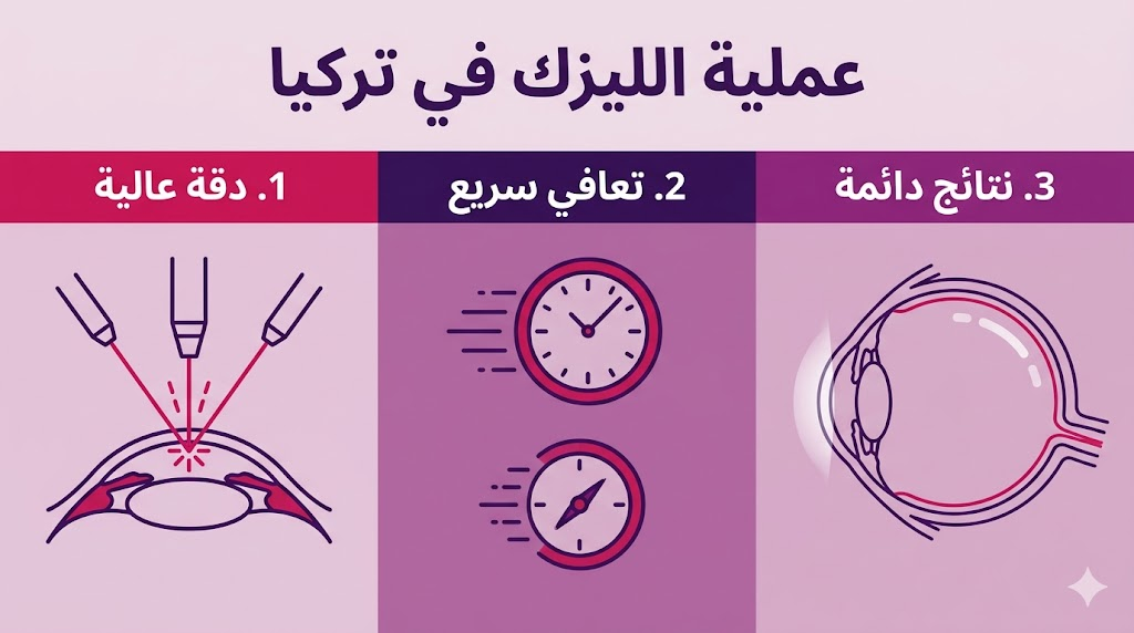  بوستر معلوماتي يوضح أهم ثلاثة مميزات لـ عملية الليزك في تركيا: الدقة، السرعة، والنتائج الدائمة.