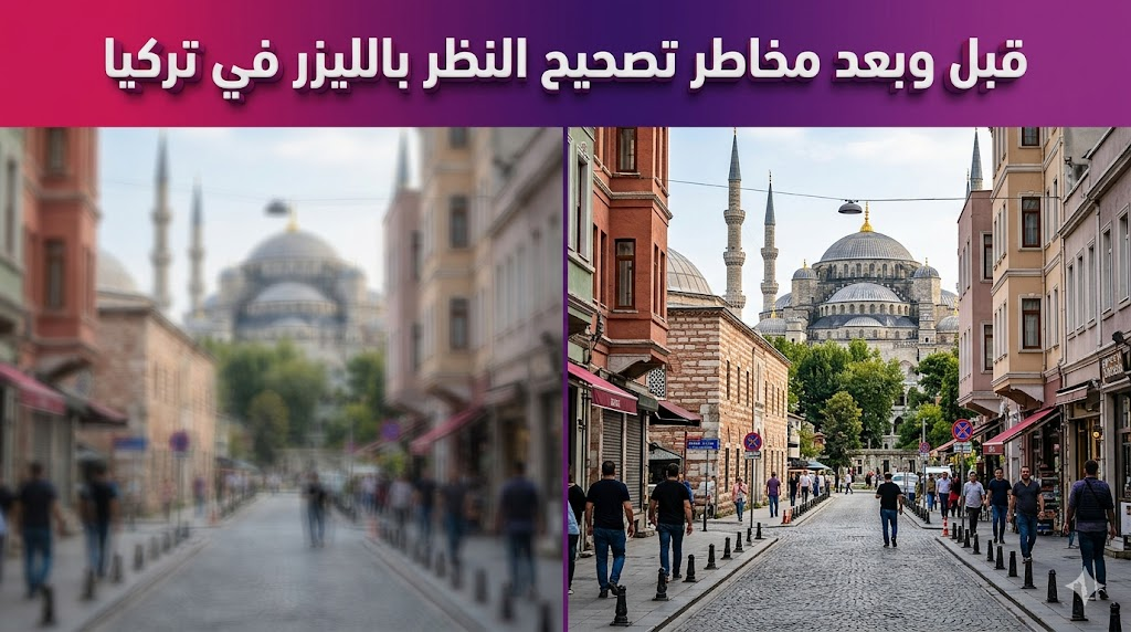 مقارنة قبل وبعد توضح تحسن الرؤية من الضبابية إلى الوضوح التام لمناقشة مخاطر تصحيح النظر بالليزر في تركيا.