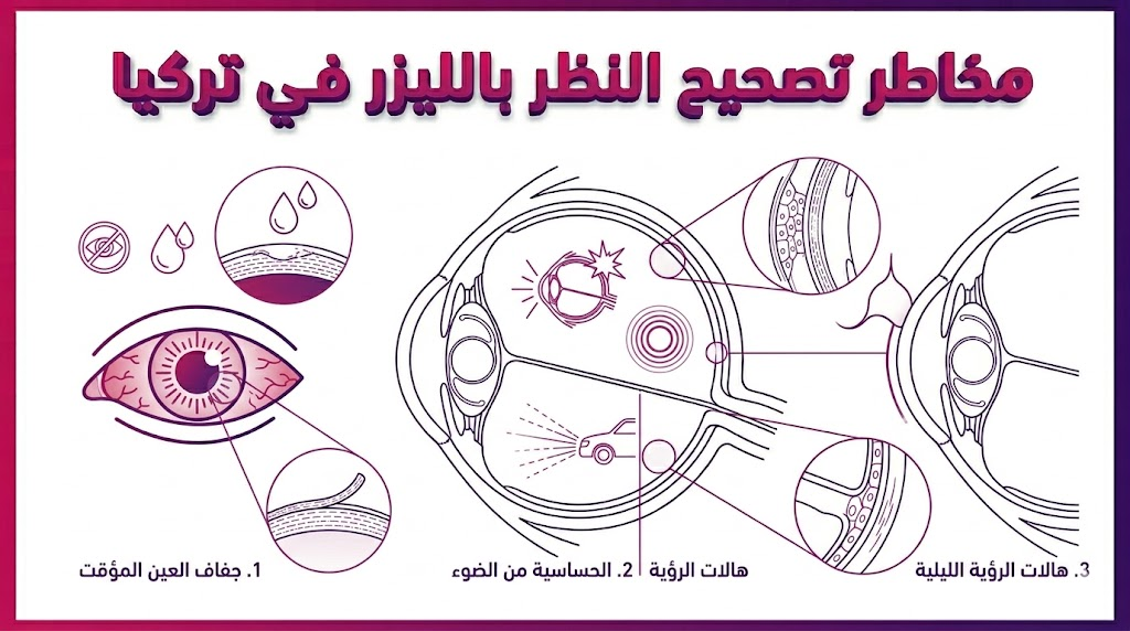بوستر طبي يوضح أهم ثلاثة أعراض جانبية ضمن مخاطر تصحيح النظر بالليزر في تركيا وهي الجفاف والحساسية والهالات.