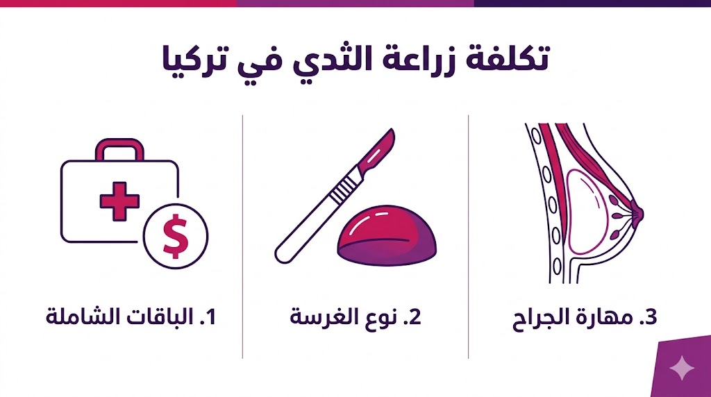 إنفوجرافيك تعليمي مقسم لثلاثة أقسام يشرح العوامل المؤثرة في تكلفة زراعة الثدي في تركيا.