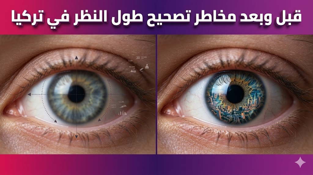  مقارنة قبل وبعد توضح تحسن الرؤية وتجنب مخاطر تصحيح طول النظر في تركيا مع نص عربي ثلاثي الأبعاد.