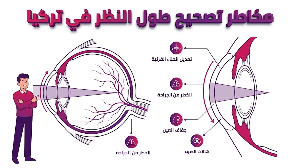  مخطط تشريحي طبي يوضح تفاصيل العين وكيفية الوقاية من مخاطر تصحيح طول النظر في تركيا بأسلوب الفيكتور الاحترافي.