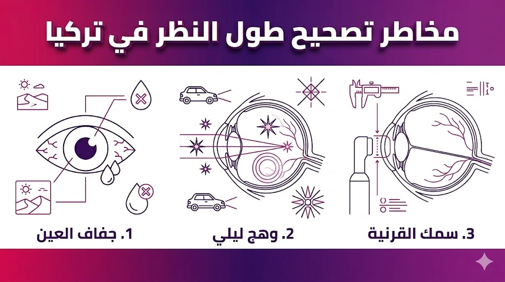 إنفوجرافيك تعليمي يستعرض أهم 3 نقاط حول مخاطر تصحيح طول النظر في تركيا مثل جفاف العين وسمك القرنية.