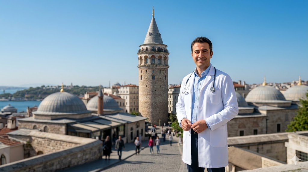جراح عيون تركي يقف أمام برج غالاتا في إسطنبول لتمثيل الأمان والخبرة في مواجهة مخاطر تصحيح طول النظر في تركيا.