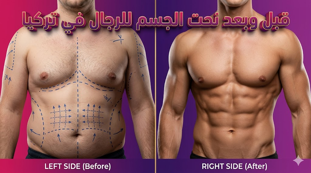صورة قبل وبعد توضح نتائج نحت الجسم للرجال في تركيا وإبراز عضلات البطن بشكل رياضي.