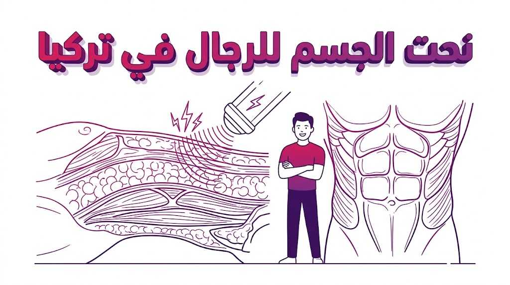 مخطط طبي توضيحي يشرح الجوانب التشريحية والتقنية لعملية نحت الجسم للرجال في تركيا.