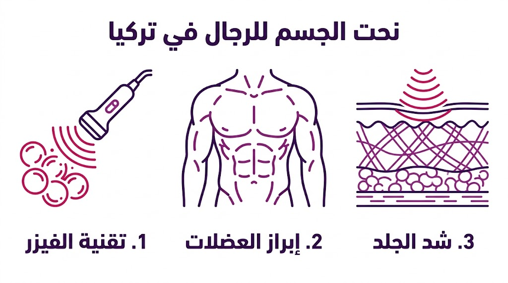 إنفوجرافيك تعليمي يستعرض المراحل الثلاث الأساسية لعملية نحت الجسم للرجال في تركيا.