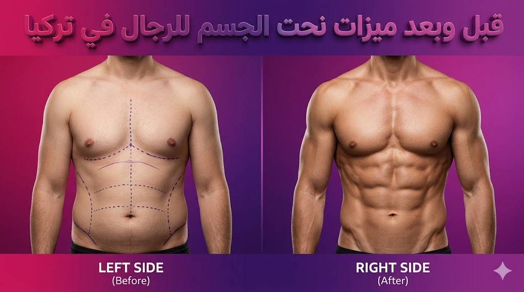 صورة قبل وبعد توضح ميزات نحت الجسم للرجال في تركيا وظهور عضلات البطن بشكل رياضي.