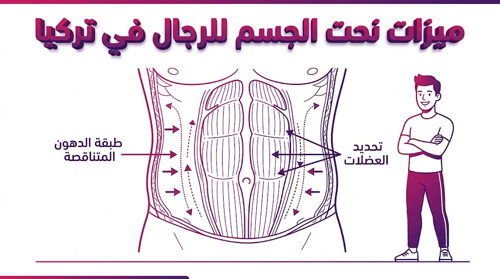 إنفوجرافيك تعليمي يشرح ميزات نحت الجسم للرجال في تركيا وكيفية إبراز العضلات تشريحياً.