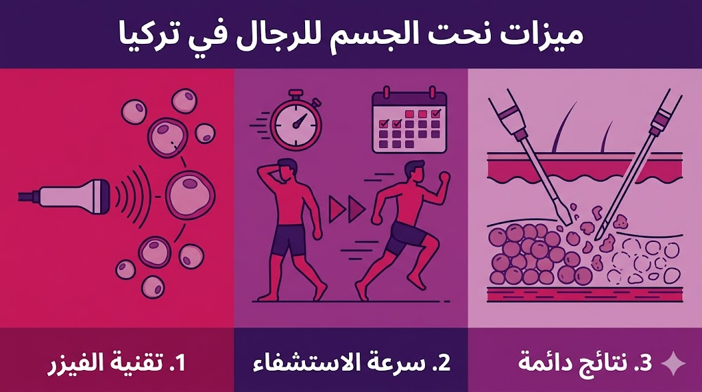 بوستر إنفوجرافيك يوضح ميزات نحت الجسم للرجال في تركيا من حيث التقنية والنتائج وسرعة التعافي.