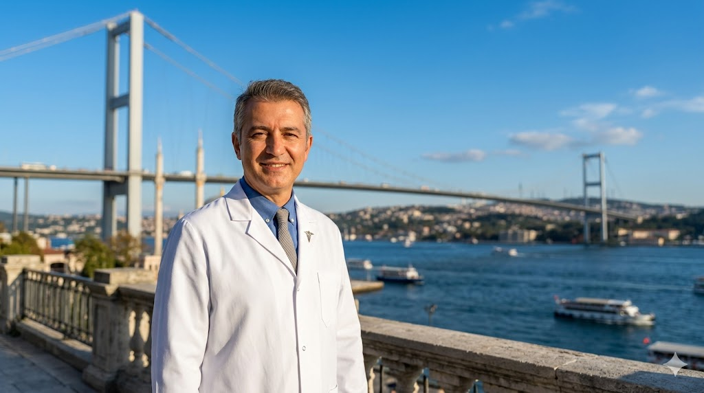 طبيب تجميل يقف أمام جسر البوسفور في إسطنبول للترويج لـ ميزات نحت الجسم للرجال في تركيا.