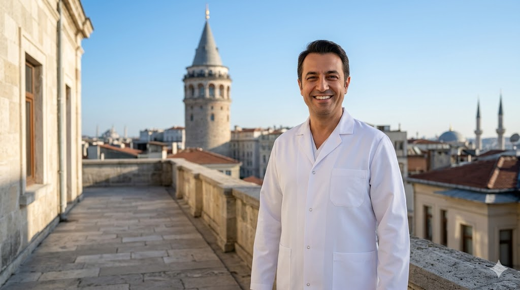 جراح تجميل خبير يقف أمام برج غالاتا في اسطنبول، يمثل خدمات نحت الجسم للرجال في تركيا.