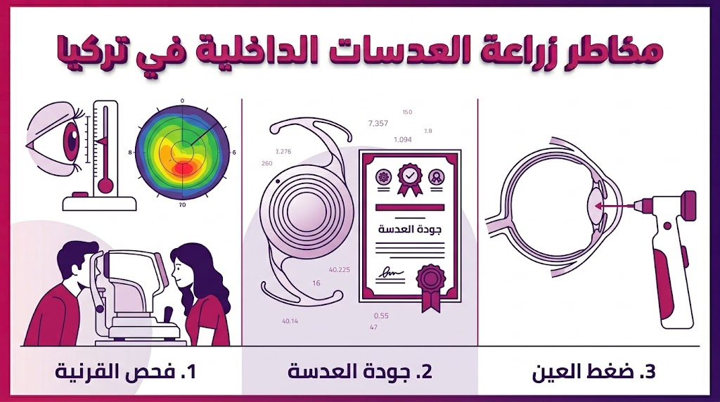 إنفوجرافيك تعليمي يبرز ثلاث خطوات أساسية للوقاية من مخاطر زراعة العدسات في تركيا.