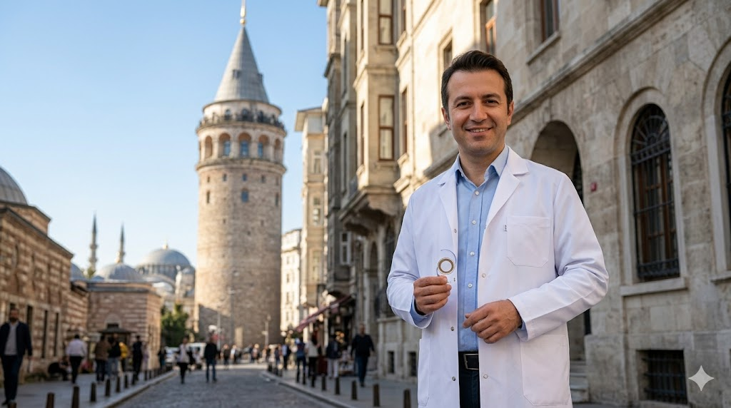  طبيب عيون خبير في اسطنبول يقدم نصائح حول مخاطر زراعة العدسات في تركيا أمام برج غالاطة.