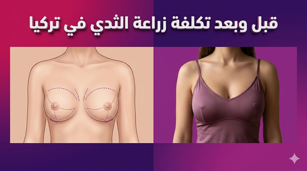  صورة مقارنة قبل وبعد توضح نتائج العملية والعلامات الطبية المرتبطة بموضوع تكلفة زراعة الثدي في تركيا.