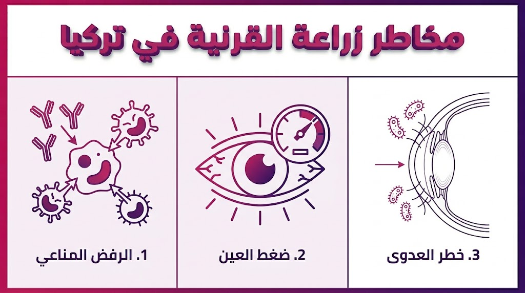  إنفوجرافيك طبي مقسم لثلاثة أقسام يشرح الرفض المناعي وارتفاع ضغط العين والعدوى كأهم مخاطر زراعة القرنية في تركيا.
