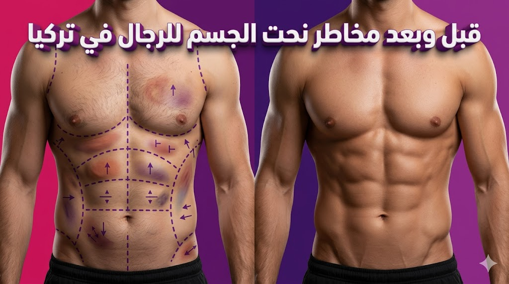 صورة "قبل وبعد" توضح علامات التخطيط الجراحي والنتائج النهائية لتجنب مخاطر نحت الجسم للرجال في تركيا.