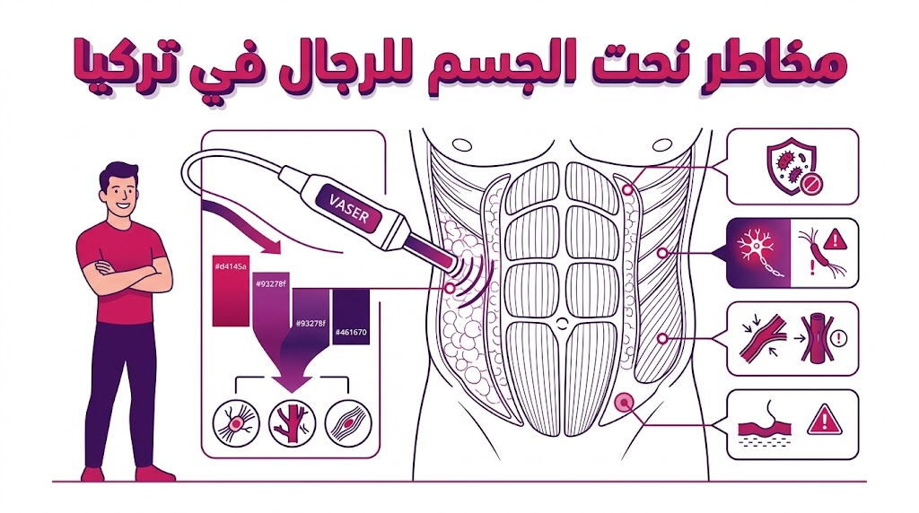 إنفوجرافيك طبي يوضح التشريح العضلي والدهني لتوضيح مخاطر نحت الجسم للرجال في تركيا بأسلوب علمي مبسط.