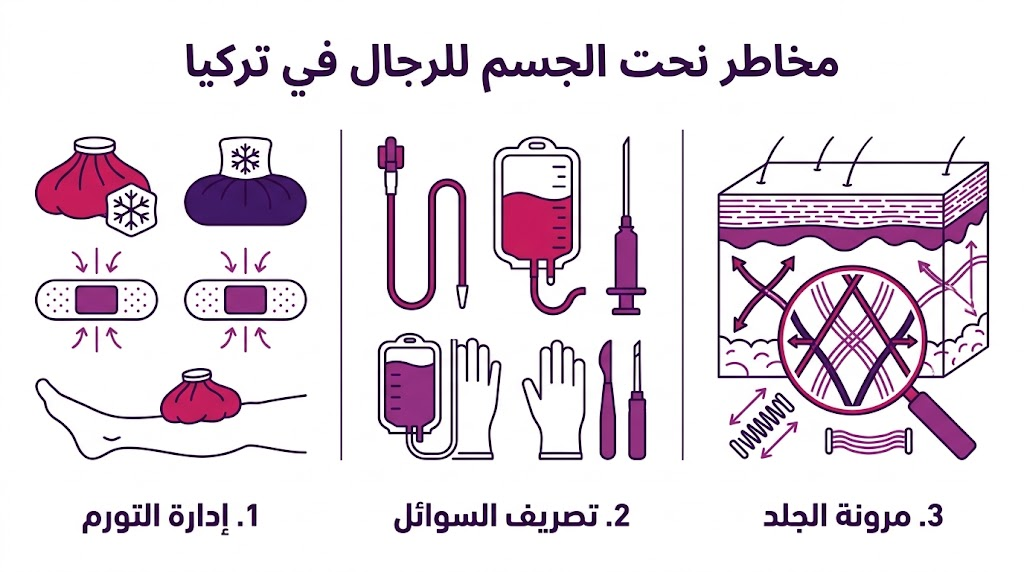 بوستر إنفوجرافيك يشرح ثلاث نقاط أساسية للوقاية من مخاطر نحت الجسم للرجال في تركيا باستخدام أيقونات طبية.