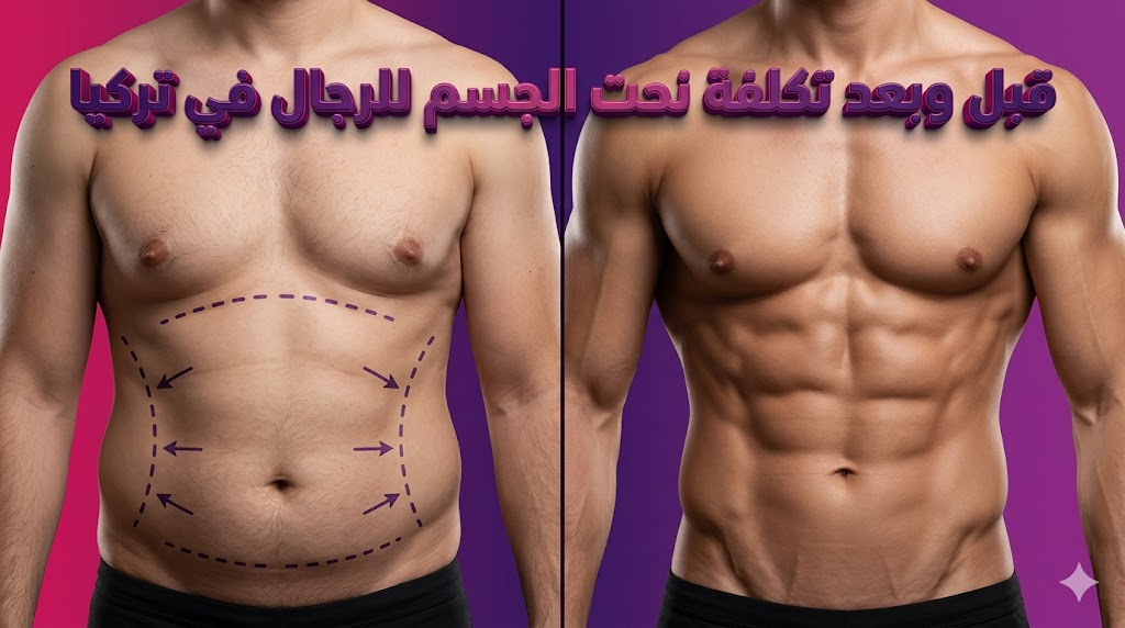مقارنة قبل وبعد تظهر نتائج وتفاصيل تكلفة نحت الجسم للرجال في تركيا مع تحديد عضلات البطن بشكل احترافي.