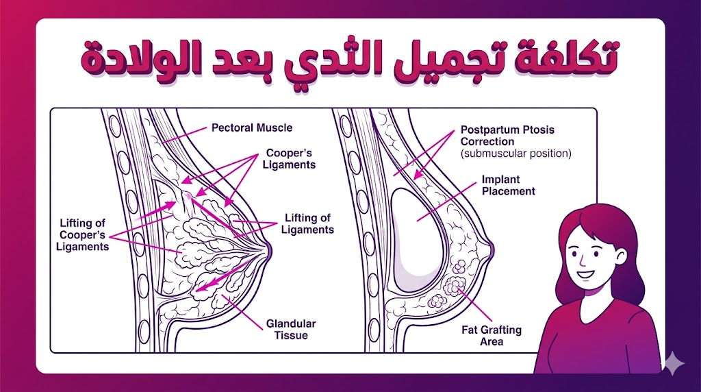 إنفوجرافيك طبي يشرح التشريح الداخلي والتقنيات المستخدمة ضمن تكلفة تجميل الثدي بعد الولادة بأسلوب الفيكتور الاحترافي.