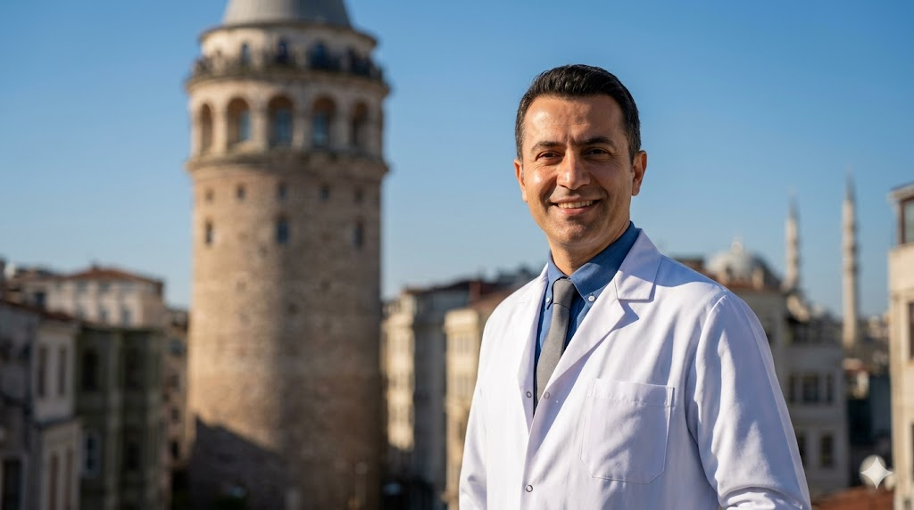 جراح تجميل خبير يقف أمام برج غالاتا في إسطنبول، يمثل التميز الطبي المتعلق ببحث تكلفة نحت الجسم للرجال في تركيا.