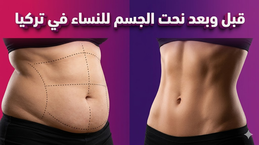 صورة مقارنة قبل وبعد نحت الجسم للنساء في تركيا تظهر التحول في منطقة الخصر والبطن مع علامات طبية جراحية.