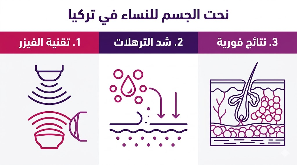 ملصق إنفوجرافيك تعليمي يستعرض تقنية الفيزر وفوائد نحت الجسم للنساء في تركيا في ثلاث نقاط رئيسية.