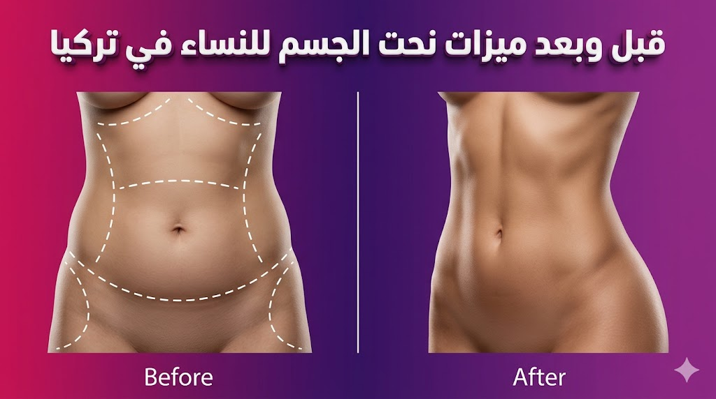 مقارنة واقعية تظهر نتائج ميزات نحت الجسم للنساء في تركيا قبل وبعد العملية مع تحديد الخطوط الطبية بدقة.