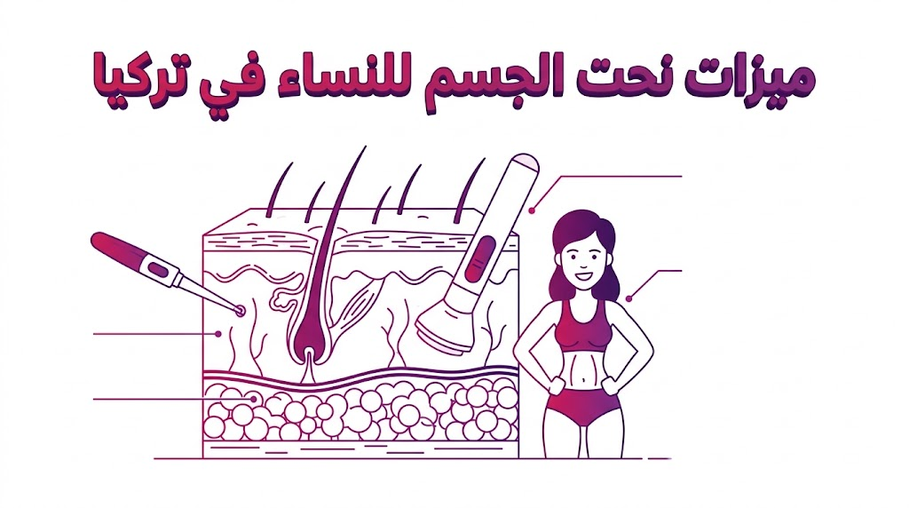  إنفوجرافيك تشريحي يوضح العلم الطبي خلف ميزات نحت الجسم للنساء في تركيا وتناسق طبقات الجلد والدهون.
