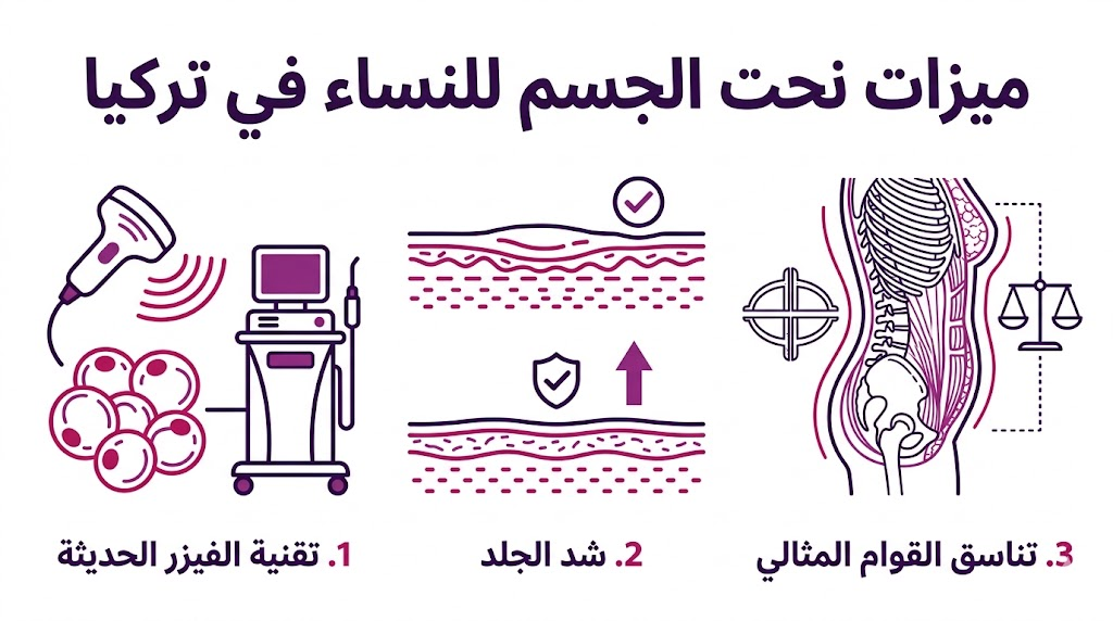 بوستر طبي يوضح أهم 3 ميزات نحت الجسم للنساء في تركيا تشمل التقنيات الحديثة ونتائج شد الجلد.