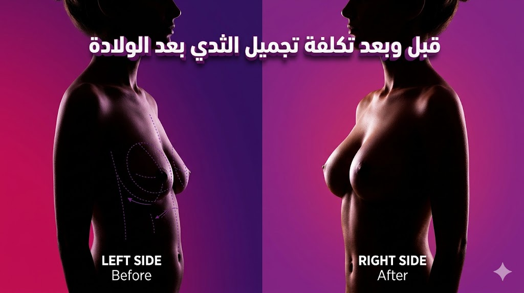 صورة "قبل وبعد" توضح نتائج و تكلفة تجميل الثدي بعد الولادة من خلال تخطيط طبي دقيق ونتائج نهائية مثالية.