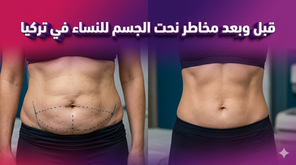 مقارنة واقعية قبل وبعد توضح نتائج عملية التجميل مع التركيز على تجنب مخاطر نحت الجسم للنساء في تركيا.