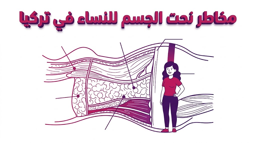  إنفوجرافيك تشريحي يوضح الطبقات الدهنية والعضلية المستهدفة لتقليل مخاطر نحت الجسم للنساء في تركيا.