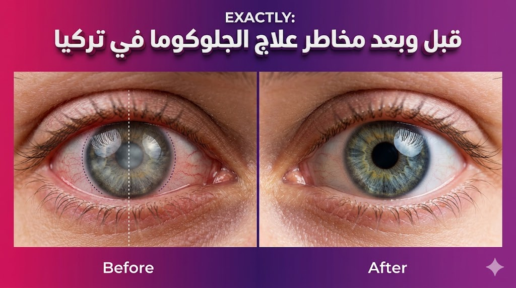 مقارنة قبل وبعد توضح نتائج الأمان والتعافي لتجنب مخاطر علاج الجلوكوما في تركيا مع رسم توضيحي للعين.